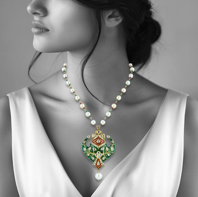 Pearl Necklace with Green-Red Enamel Pendant